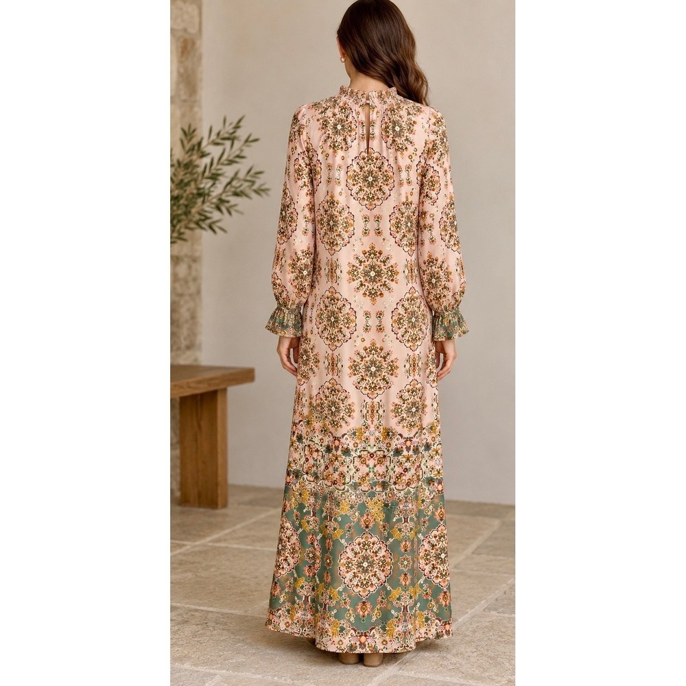 Boden Silk Blend Tapestry Print Ruffle Neck Maxi Dress Pink Multi Size 6 - Picture 3 of 16